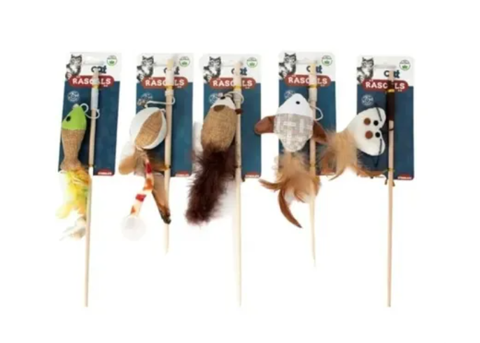 Juguete Para Gatos Cañita Con Peluche, Pluma Y Cascabel